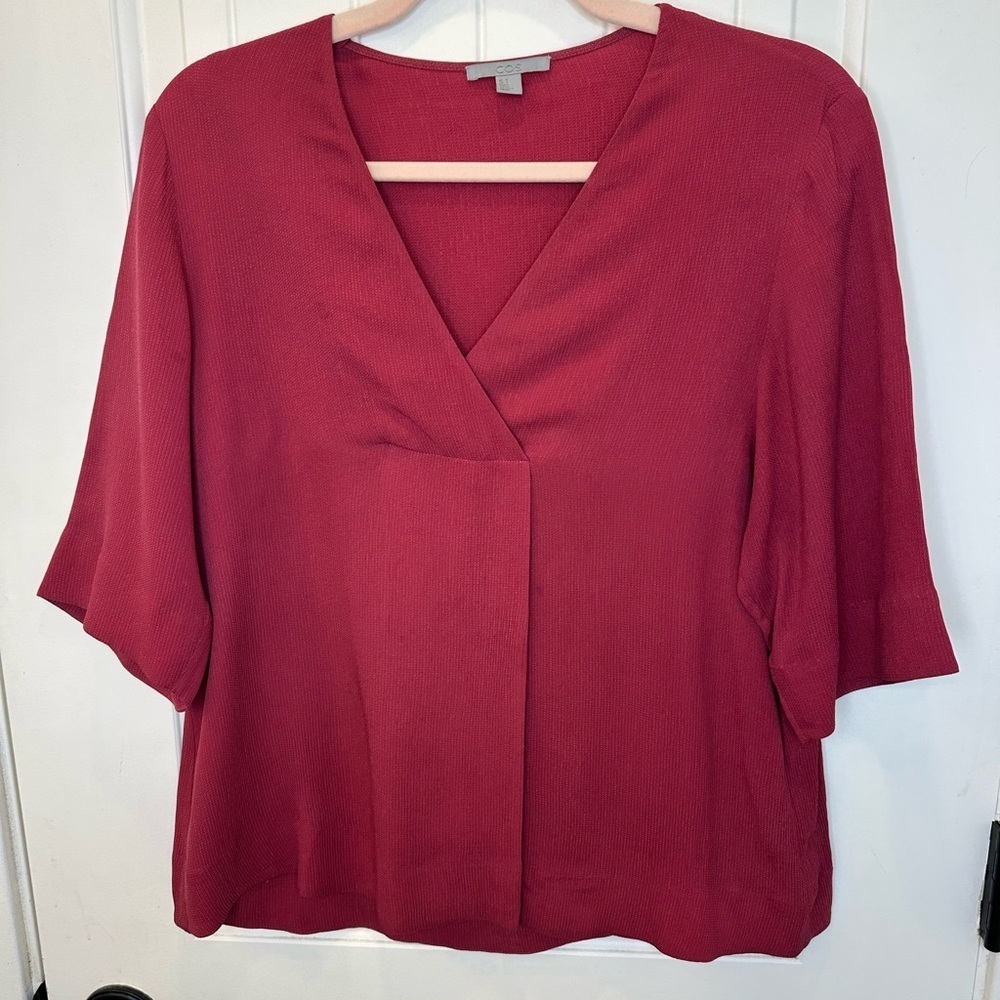COS 100% Cupro Deep V-Neck Wrap Style Blouse Size 4 Red Berry